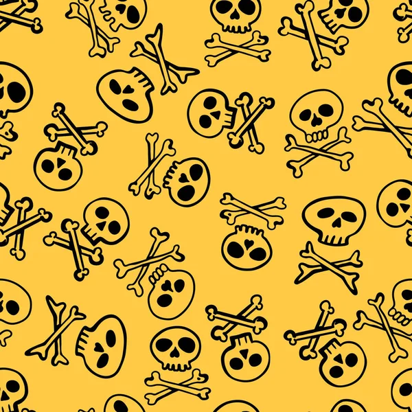 Vector Seamless Pattern Black Skulls Yellow Background — Stock Vector