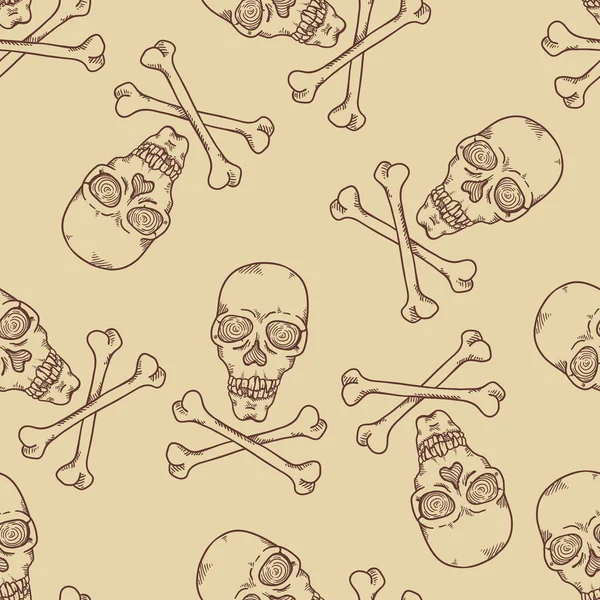 Modello Senza Cuciture Vettoriale Sketch Skulls Sfondo Beige — Vettoriale Stock