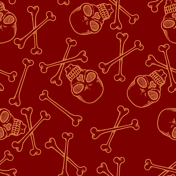 Patrón Sin Costura Vectorial Cráneos Boceto Sobre Fondo Rojo — Archivo Imágenes Vectoriales