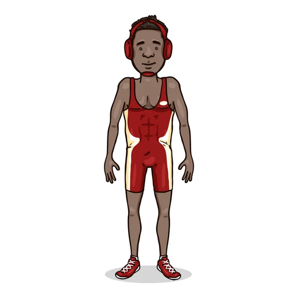 Vector Stripfiguur Jonge Afrikaanse Man Rood Worstelen Apparatuur — Stockvector
