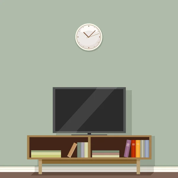 ベクトルフラットイラスト Set Commode Living Room Front Green Wall Clock — ストックベクタ