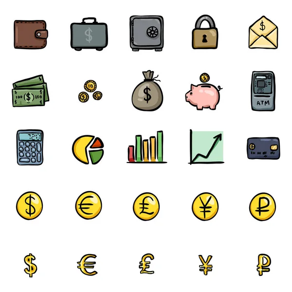 Vector Set Color Doodle Finance Icons — Stock Vector
