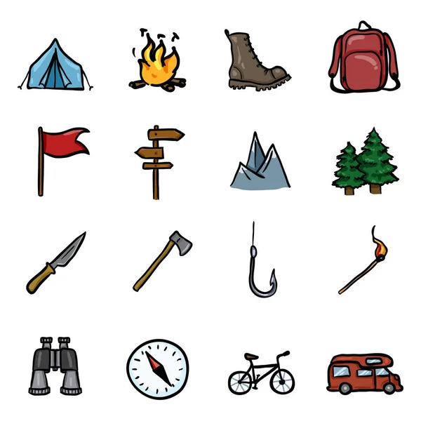 Conjunto Vectores Color Doodle Senderismo Camping Iconos — Archivo Imágenes Vectoriales