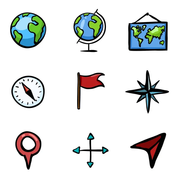 Vector Doodle Color Geography Iconen Set — Stockvector