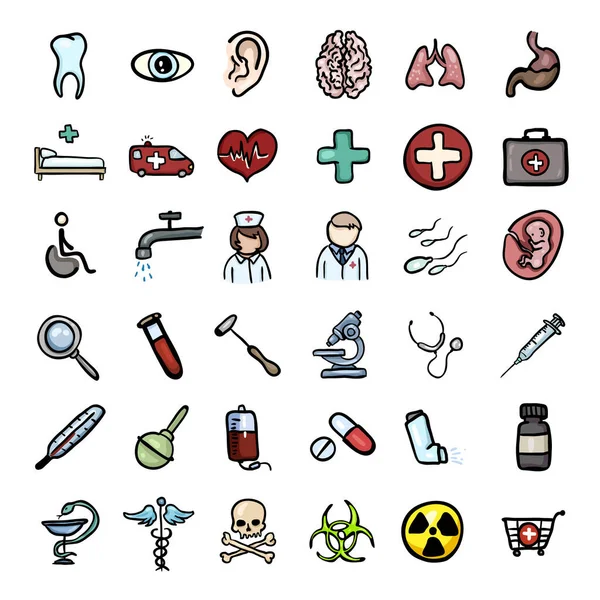 Conjunto Vectorial Iconos Médicos Doodle Color Pictogramas Del Hospital Dibujos — Archivo Imágenes Vectoriales