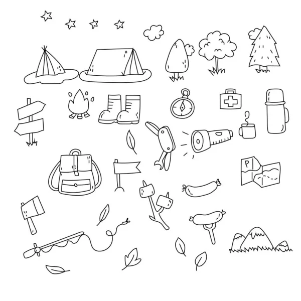 Handgezeichnete nahtlose Muster, Picknick, Reise- und Campingkritzeleien. — Stockvektor