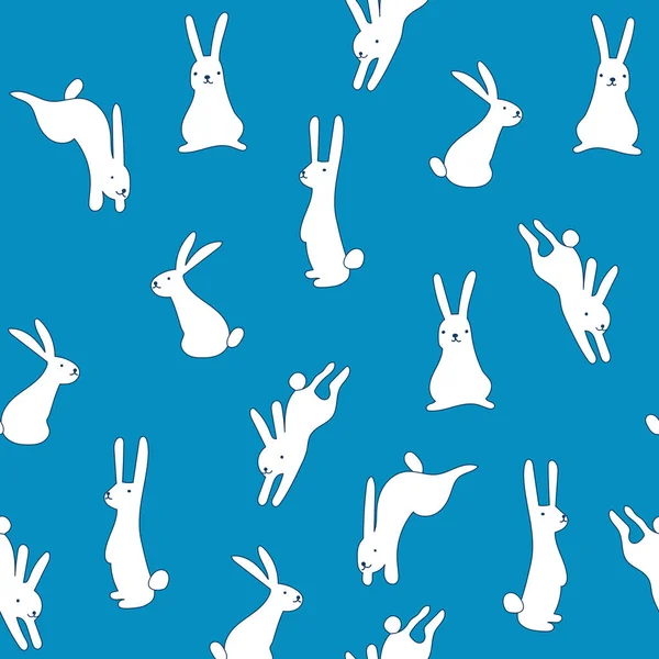Schattig Naadloos Patroon Met Schattige Bunnyes Verschillende Poses Blauwe Achtergrond — Stockvector