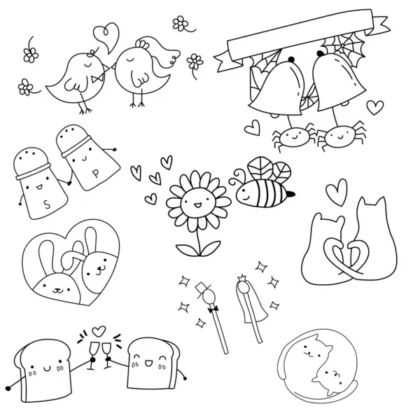 Cartoon handgezeichnet Vektor-Doodle-Set von Valentinstag, Hochzeitstag und Liebe. Skizzenillustration im Tuschstil für Postkarte, Banner, Grußkarte, Poster usw.. — Stockvektor