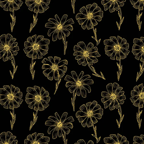 Disegni floreali. Daisy line art fiori. Disegnato a mano isolato su sfondo nero . — Vettoriale Stock