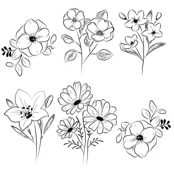 Dibujo de flores con línea de arte sobre fondos blancos. — Vector de stock