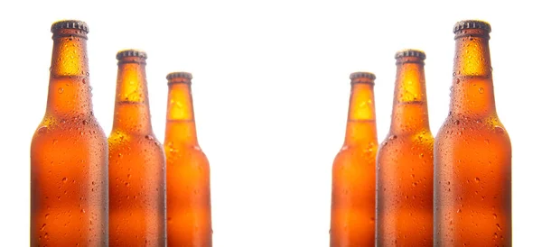 Conjunto Seis Garrafas Cerveja Isoladas Sobre Fundo Branco — Fotografia de Stock