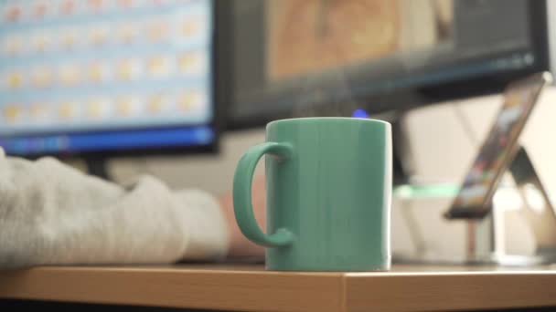 Photographer Retouching Photos Working Home Cup Steaming Coffee — Stock Video