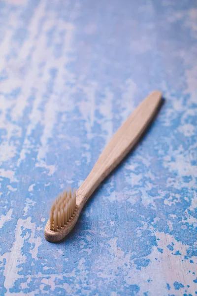 Bamboo Toothbrush Blue Wood Background Concept Eco Friendly Copyspase Zero — Stock Photo, Image