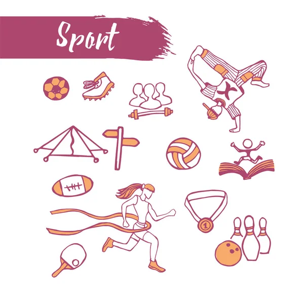 Overzicht getekende pictogrammen instellen sport thema. Lijntekeningen. Potlood tekening — Stockvector