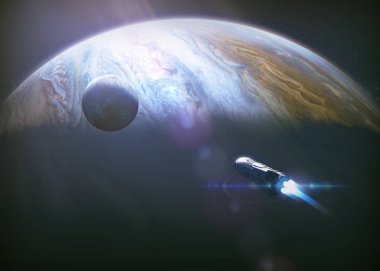 Muhteşem Satürn 'ün halka görüntüsü ve uzay gemisi seyahati yapan Europa uydusu - kavram sanatı - Nasa tarafından döşenmiş bu görüntünün elementleri 