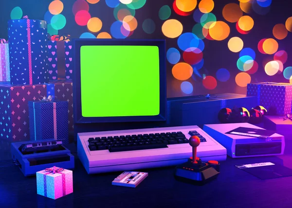 Christmas green screen on a retrowave computer with abstract background - 3D rendering