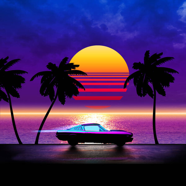 Retrowave running car on a palms road near the sea on a sunset - composite illustration