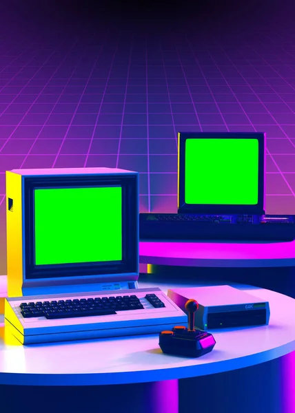 Komputer Retrowave Wyświetlaczem Zielonym Abstrakcyjny Renderowanie — Zdjęcie stockowe