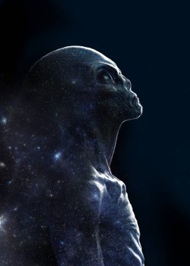 Yıldız sahasındaki gri bir uzaylının soyut silüeti - 3D görüntüleme