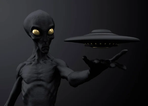 灰色外星人 手持飞碟 黑色和金色 背景简约 概念艺术 3D渲染 — 图库照片