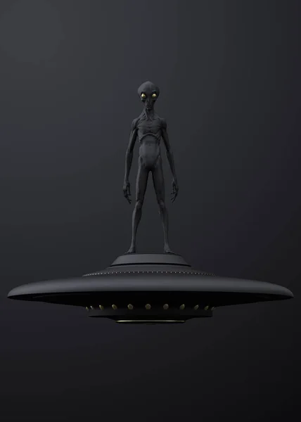 灰色外星人 手持飞碟 黑色和金色 背景简约 概念艺术 3D渲染 — 图库照片