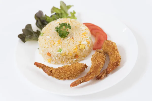 Rise Vegetables Fried Shrimps Plate — Stock Photo, Image