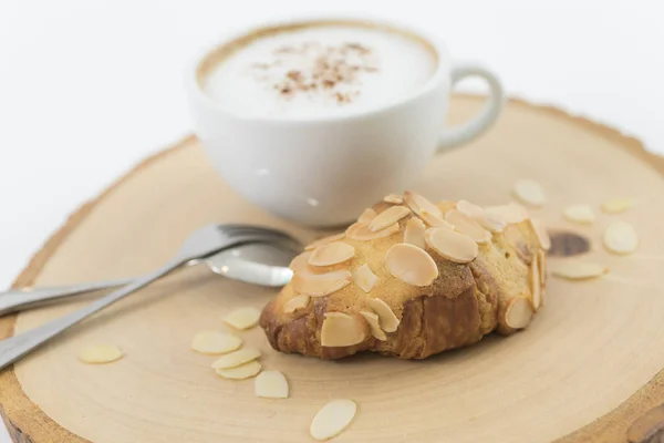 Cup Cappuccino Almond Croissant Close — Stock Photo, Image