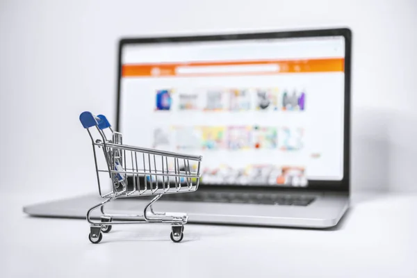 Shopping Cart dan Laptop. Situs Web Marketplace Daring di Layar Laptop . Stok Lukisan  