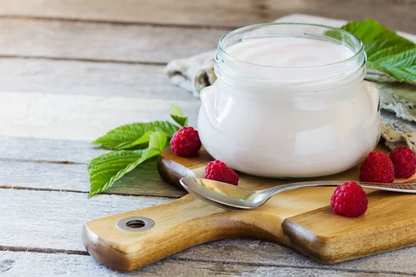 Yogur orgánico casero y frambuesas frescas —  Fotos de Stock