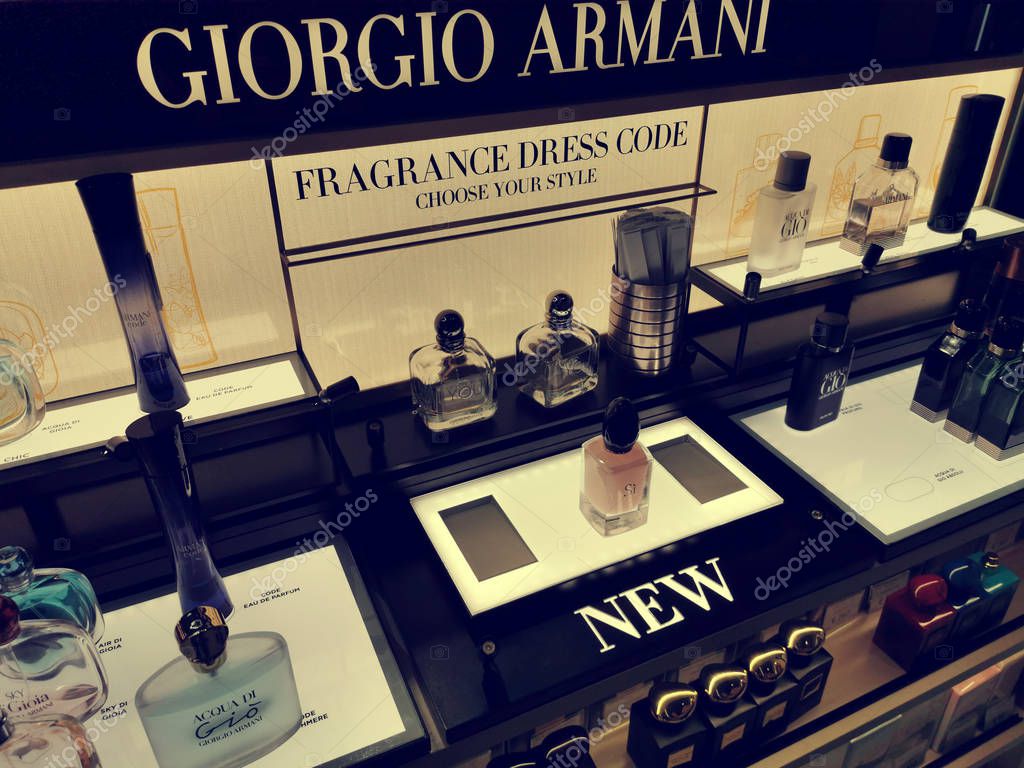 MOSCOW, RUSSIA - SEPTEMBER 24, 2019: Giorgio Armani logo on the window in the duty free shop at Vnukovo airport