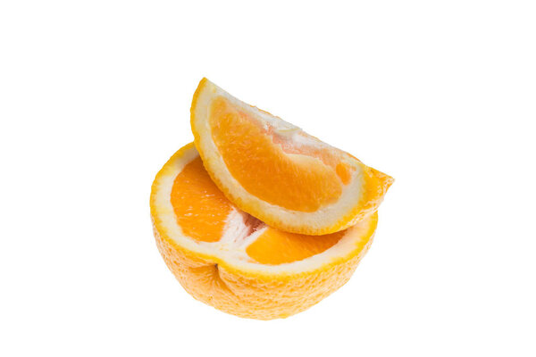 Sliced juicy orange isolated on white background, Citrus fruits are a source of useful trace elements and a natural doctor