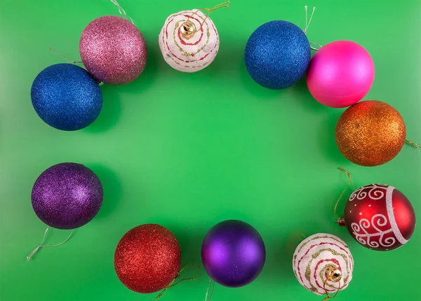 Christmas Background Christmas Tree Colored Toys Balls Sprinkled Sequins Flat — Stock Photo, Image