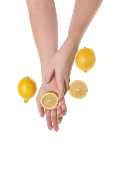 Girl Holding Hands Table Fruit Concept Cosmetic Procedures Rejuvenation Lemon — Stock Photo, Image