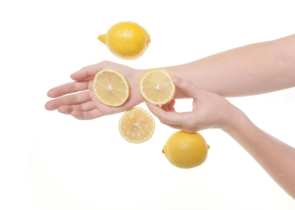 Girl Holding Hands Table Fruit Concept Cosmetic Procedures Rejuvenation Lemon — Stock Photo, Image