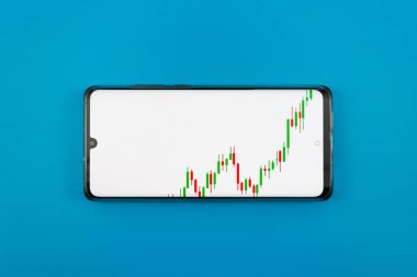 A graph with Japanese candles on the mobile phone screen blue background