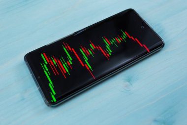 A graph with Japanese candles on the mobile phone screen blue wooden background