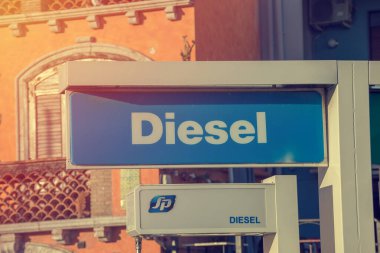 Giardini Naxos, SICILY, ITALY - SEPTEMBER 30, 2019: Inscription diesel fp at the gas station