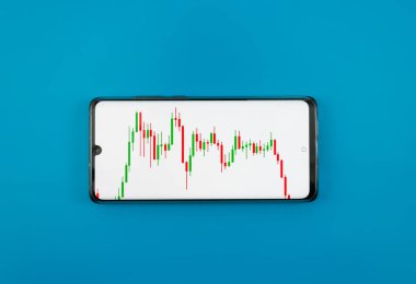 A graph with Japanese candles on the mobile phone screen blue background