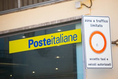 Castelmola, SICILY, ITALY - SEPTEMBER 28, 2019: Italy Post logo and traffic prohibited sign, restricted traffic area in the tourist old town of Castelmola