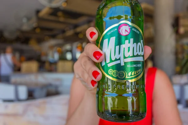 Faliraki Rhodes Greece July 2019 Girl Holding Bottle Greek Beer — 스톡 사진