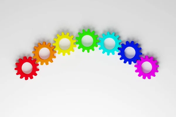 Bright colored gears mechanisms, teeth interlocked, 3D rendering, details in rainbow colors