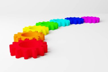 Parlak renkli dişli mekanizmaları, birbirine kenetlenmiş dişleri, 3D görüntüleme, gökkuşağı renklerinde detaylar