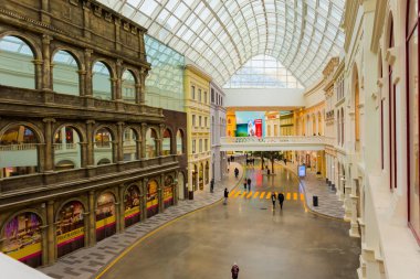 MOSCOW, RUSSIA - MARCH 05, 2020: Tourists and residents walk through the shopping center at the dream Island entertainment center in Moscow near the Technopark metro station and Andropov Avenue in Russia