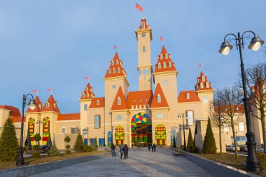 MOSCOW, RUSSIA - MARCH 05, 2020: Tourists and residents walk through the shopping center at the dream Island entertainment center in Moscow near the Technopark metro station and Andropov Avenue in Russia
