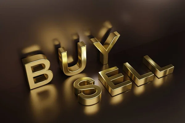 Comprar Vender Letras Ouro Fundo Amarelo Conceito Negociação Contratos Ouro — Fotografia de Stock