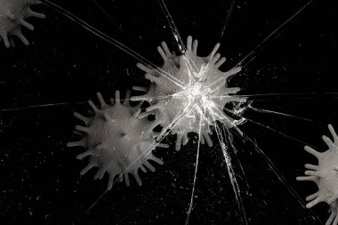 Coronavirus virüsü camları kırıyor, 2019 sayılı camları kırıyor, enfeksiyon kavramı ve koronavirüs salgınının yayılması, bakteri 3 boyutlu görüntüleme
