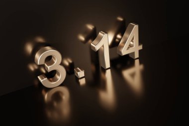 Koyu arkaplanda 3.14 adet üç boyutlu altın sayı, 14 Mart 'taki PI günü için kartpostal, 3D
