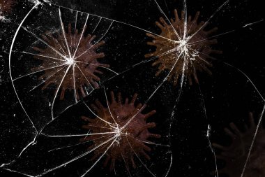 Coronavirus virüsü camları kırıyor, 2019 sayılı camları kırıyor, enfeksiyon kavramı ve koronavirüs salgınının yayılması, bakteri 3 boyutlu görüntüleme