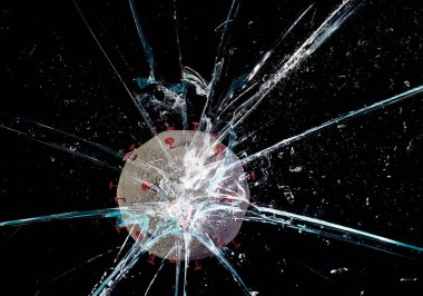 Coronavirus virüsü camları kırıyor, 2019 sayılı camları kırıyor, enfeksiyon kavramı ve koronavirüs salgınının yayılması, bakteri 3 boyutlu görüntüleme