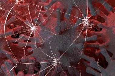 Coronavirus virüsü camları kırıyor, 2019 sayılı camları kırıyor, enfeksiyon kavramı ve koronavirüs salgınının yayılması, bakteri 3 boyutlu görüntüleme